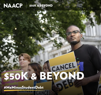 Young man holding a Cancel Student Debt sign with other women and men behind him in front of a building. Text reads $50k and beyond #MeMinusStudentDebt