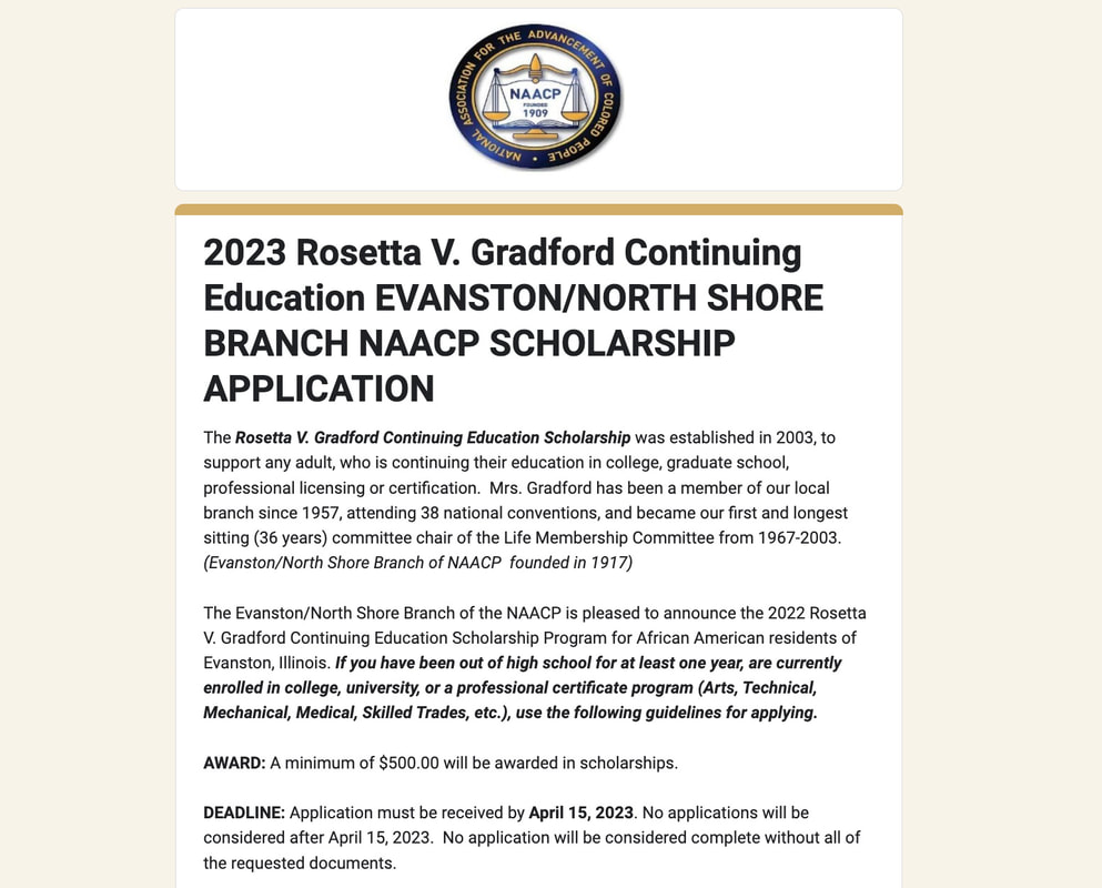 Image of 2023 Rosetta V. Gradford Continuing Education EVANSTON/NORTH SHORE BRANCH NAACP SCHOLARSHIP APPLICATIONPicture
