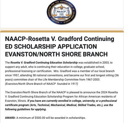 Image of 2024 Rosetta V. Gradford Continuing Education EVANSTON/NORTH SHORE BRANCH NAACP SCHOLARSHIP APPLICATIONPicture