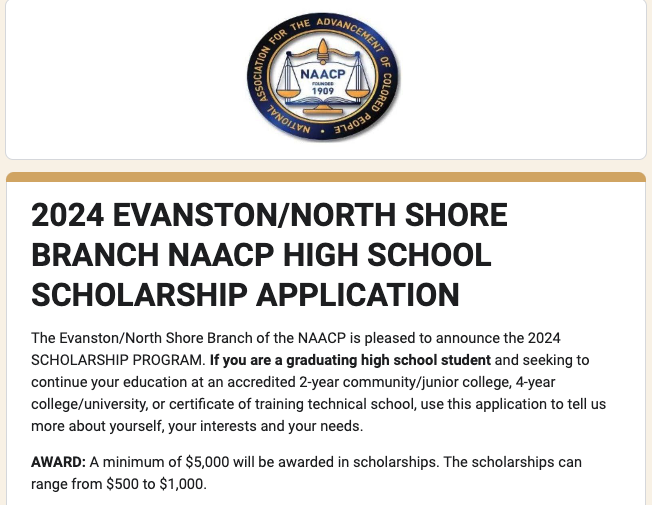 2024 EVANSTON/NORTH SHORE BRANCH NAACP SCHOLARSHIP APPLICATION image of the document